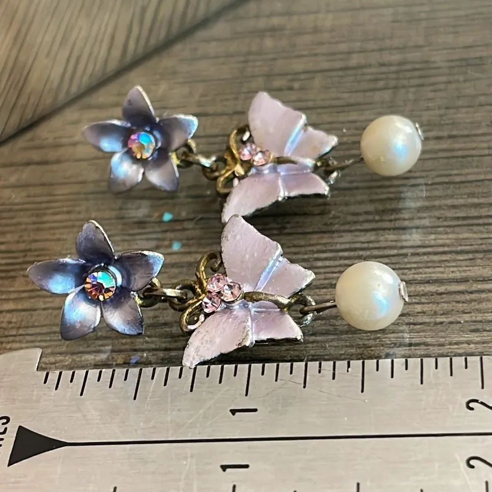 Vintage Pastel Floral and Butterfly Earrings, Dangle